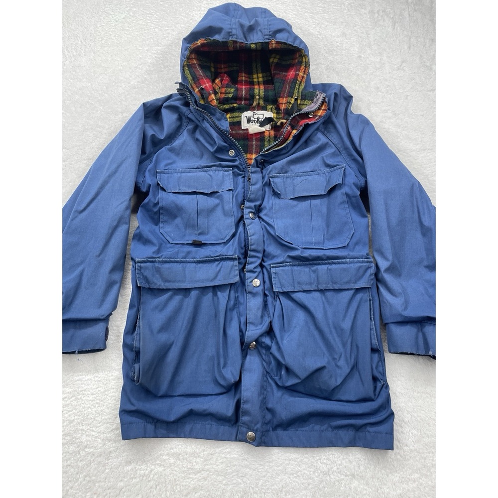 VTG Woolrich Hooded Jacket Mens XS Blue Wool Red Flannel Lined USA Camp Hike‎